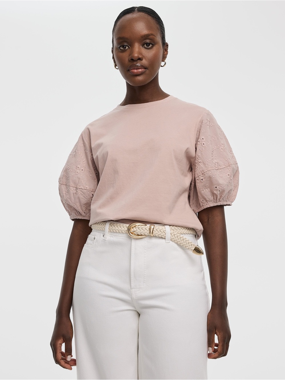 Cotton Crew-Neck Mix-Media Top with Short Puffy Sleeves sz M